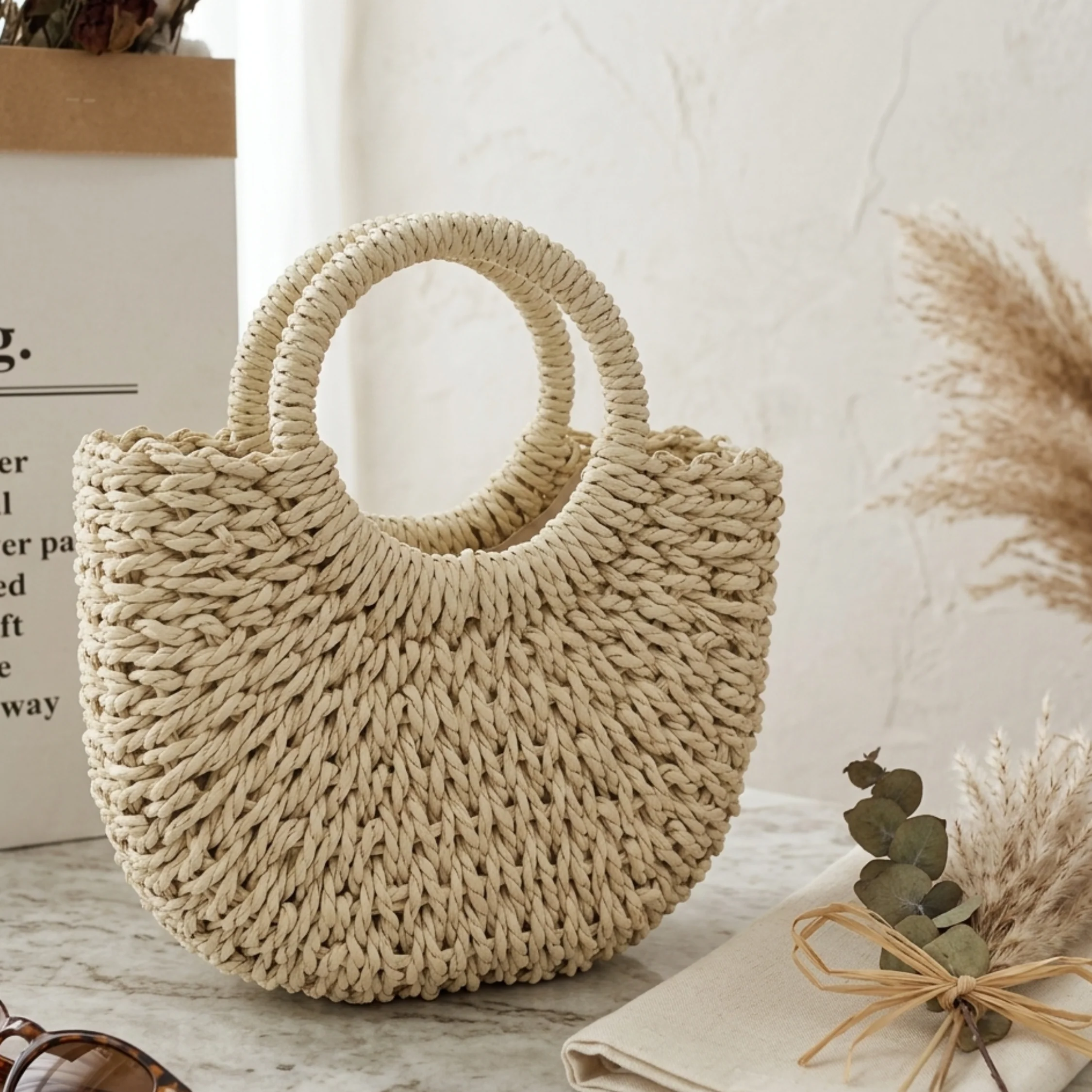 Handcrafted Boho Half-Circle Wicker Tote Handbag - Sustainable Bag - Image 2