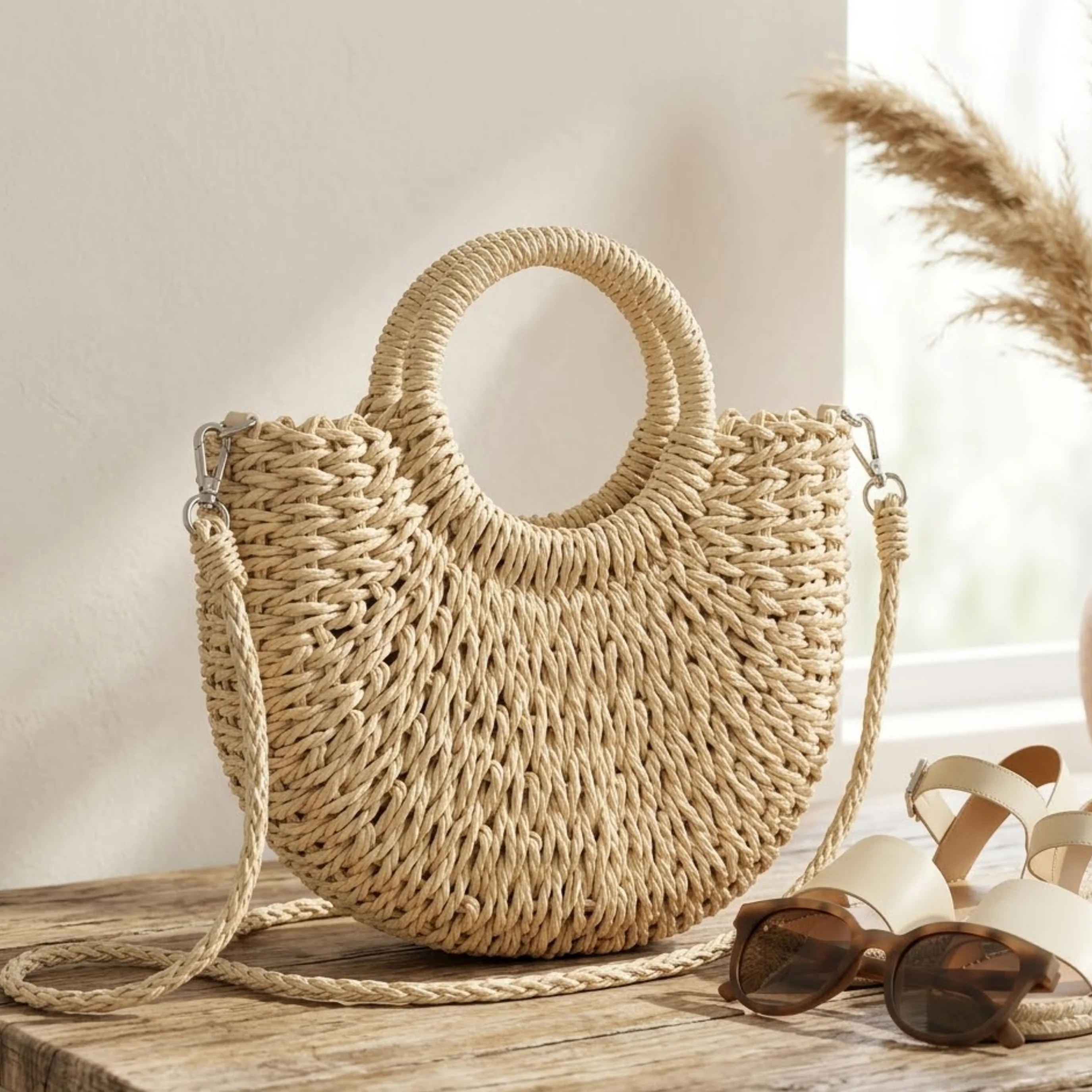 Moon-Shaped Handmade Straw Beach Tote – Sustainable Bag - Image 2